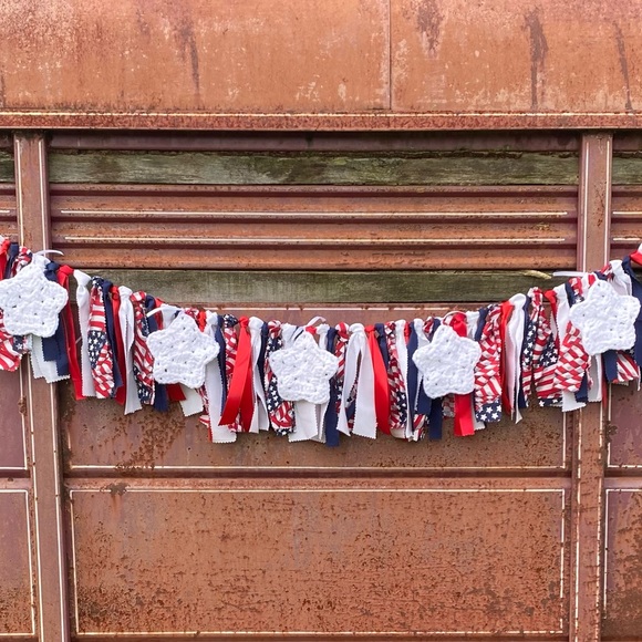Patriotic Fabric Banner Red, White & Blue Garland 61” Handmade Decor - Picture 3 of 3
